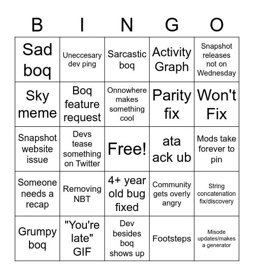 Wednesday/Snapshot Day Bingo Card