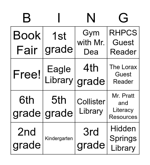 RHPCS Literacy Night Bingo Card
