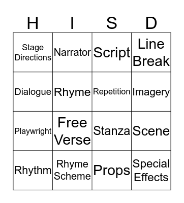 Poetry and Drama Terms Bingo Card