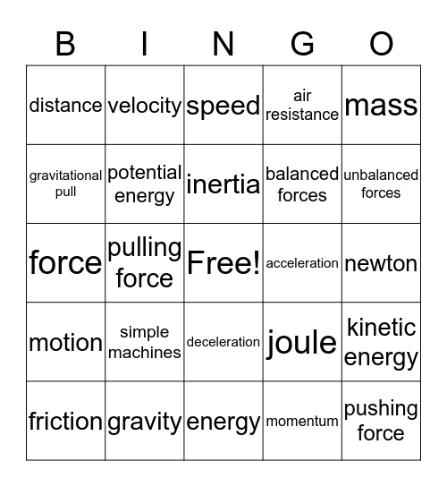forces and motion Bingo Card