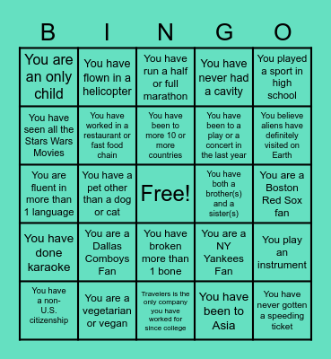 Staff Meeting Get to Know You Bingo Card