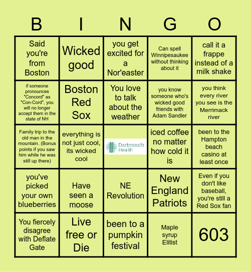 DH you know you're from New Hampshire Bingo 5/25 Bingo Card