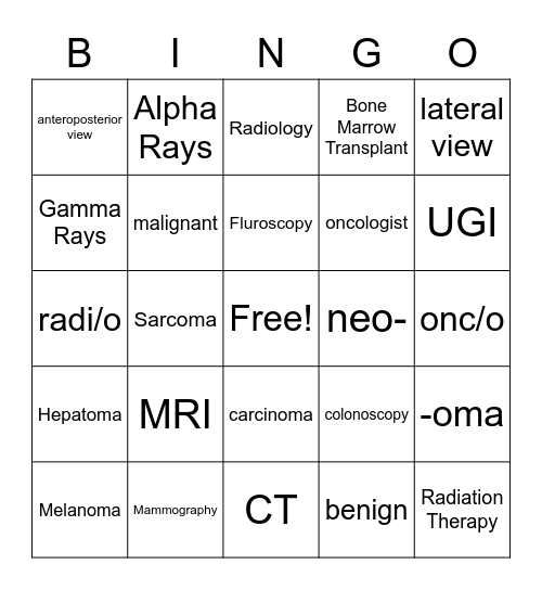 Radiology and Oncology Bingo Card