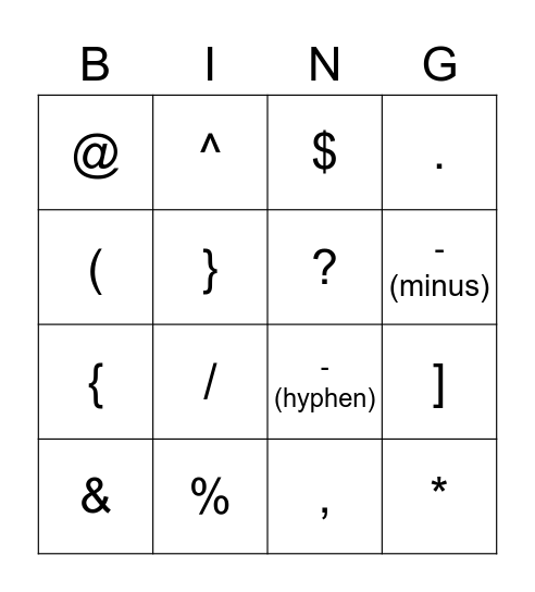 Bingo Symbols Bingo Card