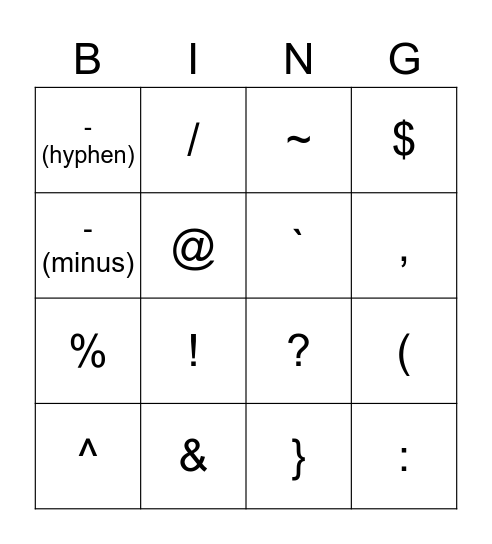 Bingo Symbols Bingo Card