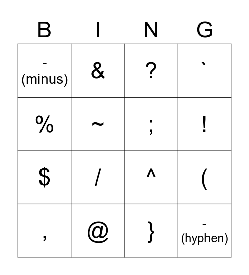 Bingo Symbols Bingo Card