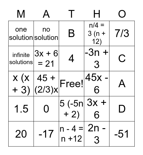 EQUATION-MATH-O Bingo Card