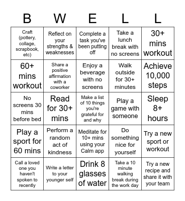 Wellness Bingo Card