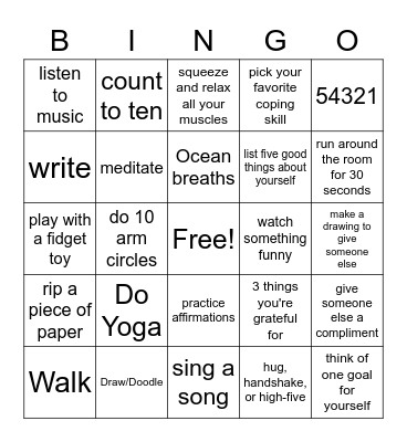 Coping Skills Bingo Card