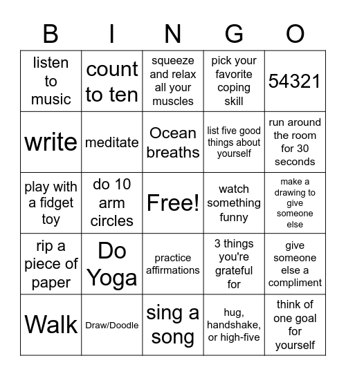 Coping Skills Bingo Card