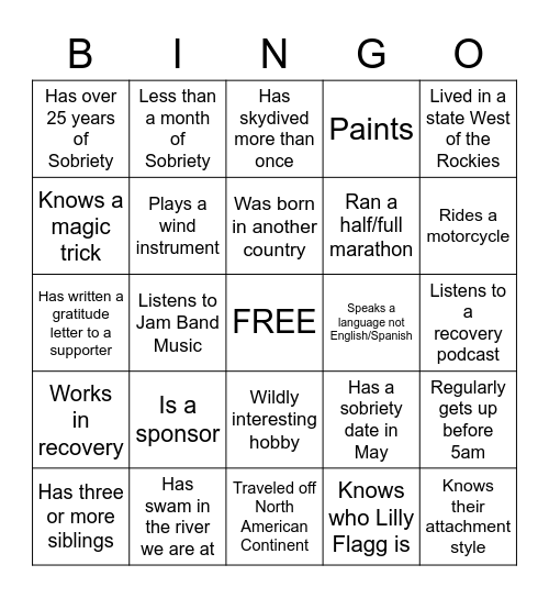 Addiction Recovery: Meet Amazing People Bingo Card
