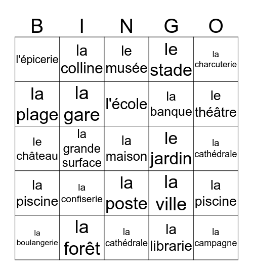 LES ENDROITS Bingo Card