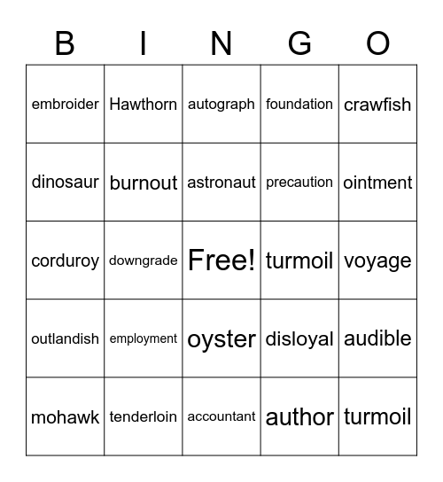 Diphthongs Bingo Card