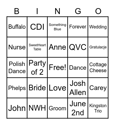 Anne's Wedding Bingo Card