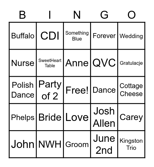 Anne's Wedding Bingo Card