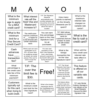 MAX Credit Cards Bingo Card