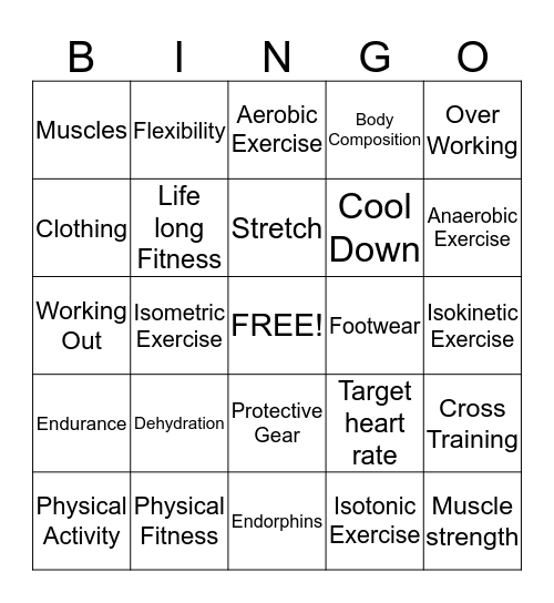 Exercise and Life Long Fitness Bingo Card