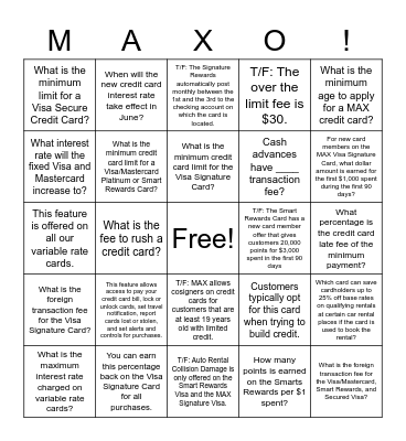 MAX Credit Cards Bingo Card