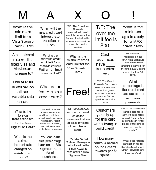 MAX Credit Cards Bingo Card