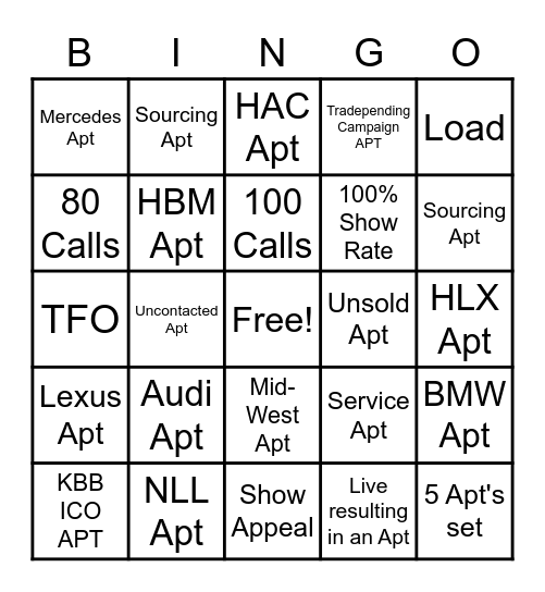 Outbound Bingo Card