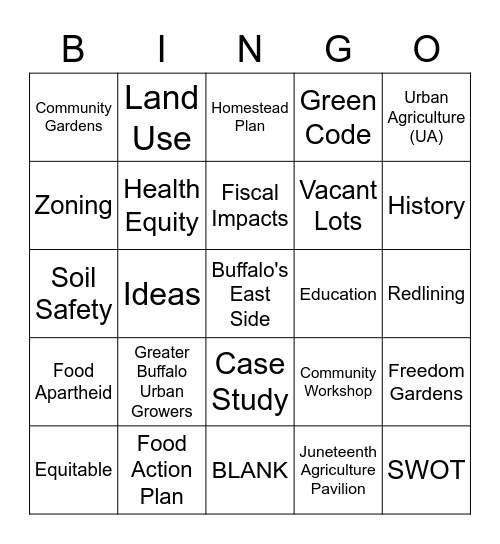 Equitable Urban Agriculture Bingo Card