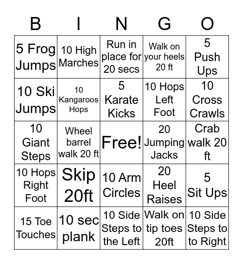 Get Up, Get Moving Bingo Card