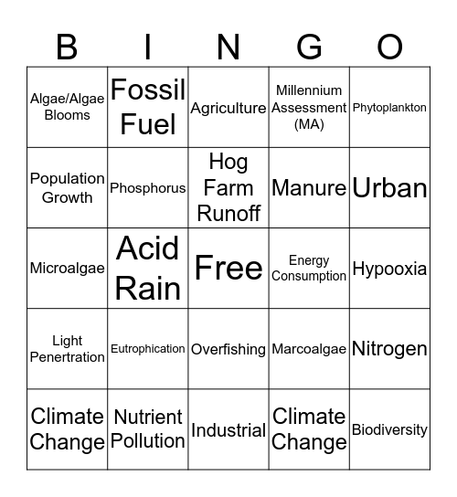 Eutrophication Bingo Card