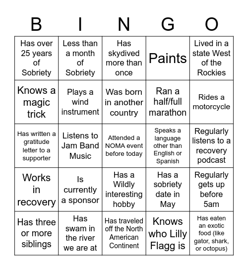 Addiction Recovery: Meet Amazing People Bingo Card