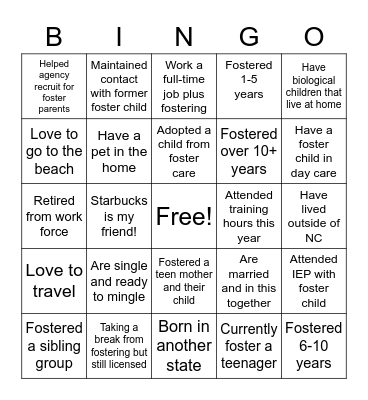 Foster Parent Bingo Card