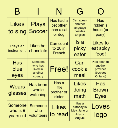 Find a person who matches the description, say hello and fill the box! Bingo Card