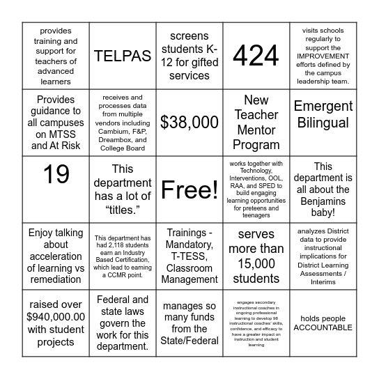 T&L Department Updates Bingo Card