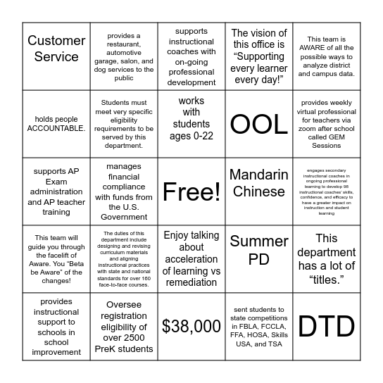 T&L Department Updates Bingo Card