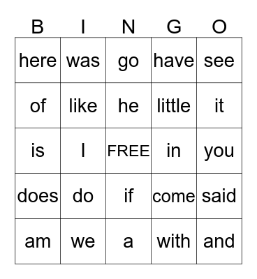 Sight Words Bingo Card