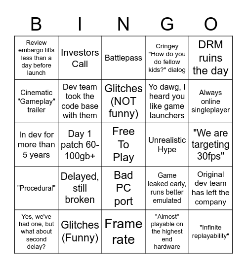 Game Launch Bingo Card