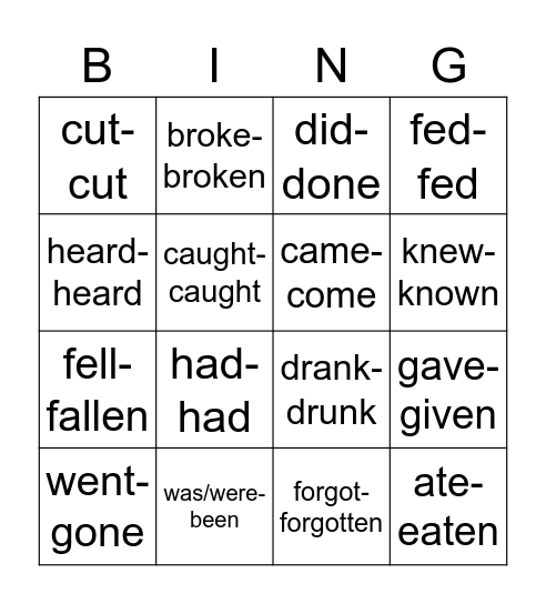 Nieregularne b-l Steps Plus 6 (+past participle) Bingo Card