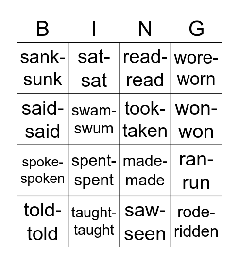 Nieregularne m-w Steps Plus 6 (+past participle) Bingo Card