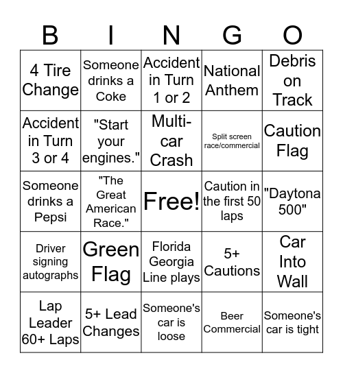 Nascar Bingo! Bingo Card