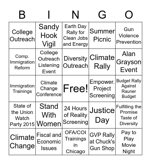 NWSOFA in 2016 Bingo Card