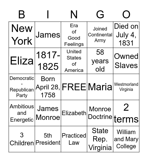 U.S. President Bingo Card