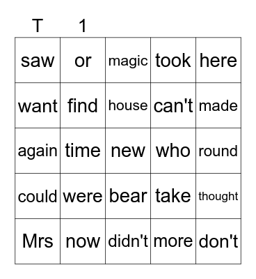 T 1-12 Bingo Card