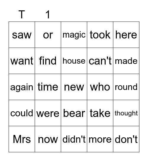 T 1-12 Bingo Card