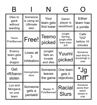 League Bingo Card