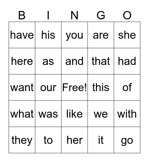 Sight words Bingo Card