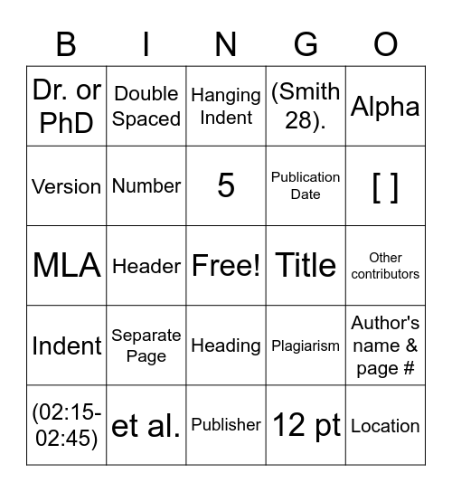 MLA Bingo Card