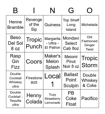 Bar Bingo Card