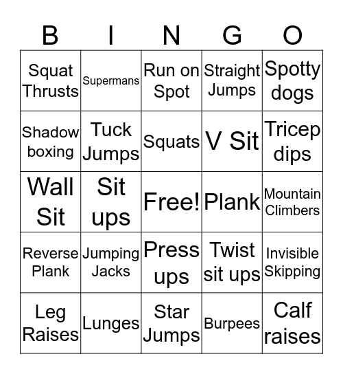 Fun Fitness Bingo Card
