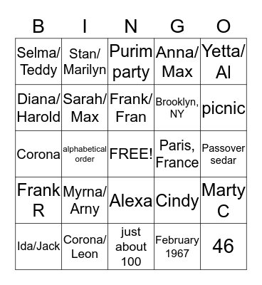 Purim Cousin's Club Bingo Card