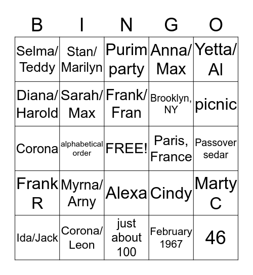 Purim Cousin's Club Bingo Card