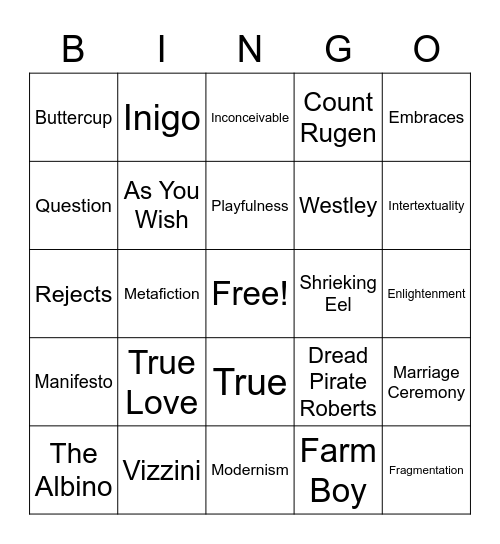 The Princess Bride Bingo Card