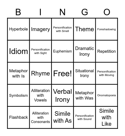 Literary Device Bingo Card